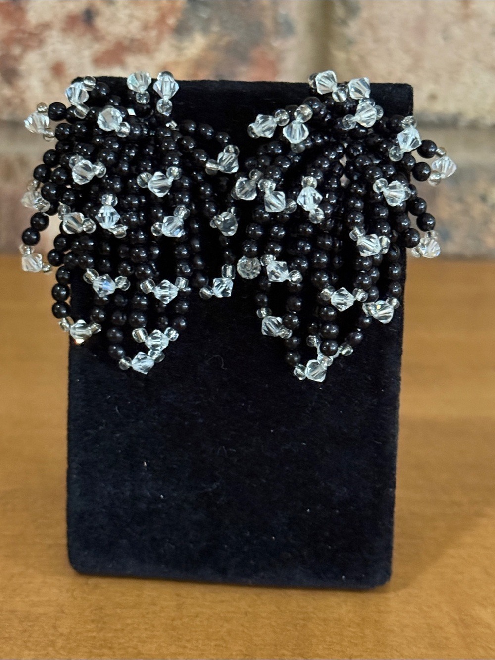 Vintage Black and Clear Beaded Waterfall Statement Earrings